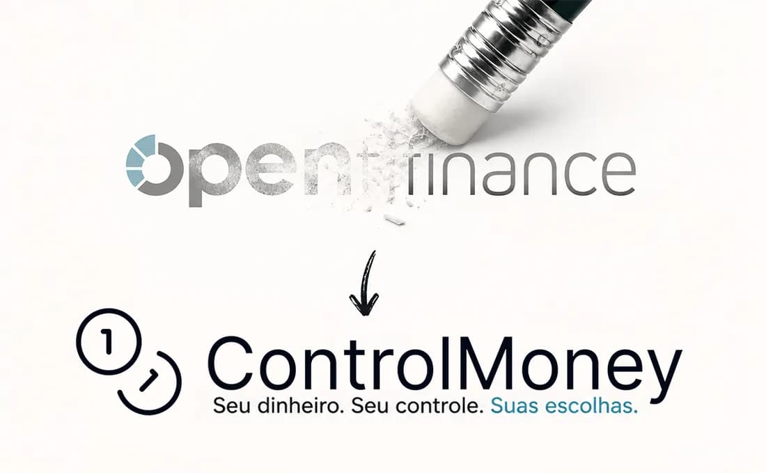 Open Finance sendo apagado por uma borracha, com uma seta apontando para o logo do ControlMoney
